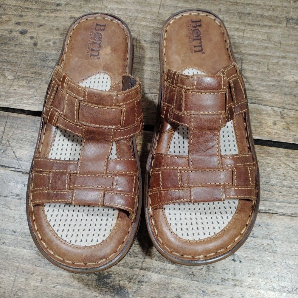 Vintage Born Womens Sz 10 Brown Leather Sandals Shoes Y2K Slip On Open Toe Weave